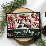 Fun Calligraphy Holiday Green Wood Holly 5 Foto Briefkaart<br><div class="desc">Modern Fun Calligraphy Script 5 Photo Family Collage Prettige feestdagen Briefkaart omvat Waterverf Kerstmis Holly Berries - Rustisch Land Green Wood</div>