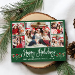 Fun Calligraphy Holly 5 Foto Prettige feestdagen G Briefkaart<br><div class="desc">Modern Fun Calligraphy Script 5 Photo Family Collage Prettige feestdagen Briefkaart omvat Waterverf Kerstmis Holly Berries - Forest Green</div>