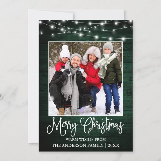 Fun Calligraphy kerst Green Wood Lights Foto Feestdagenkaart (Voorkant)