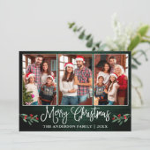 Fun Calligraphy kerst Holly Green Wood Foto Feestdagenkaart (Staand voorkant)