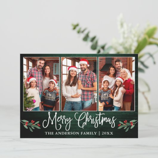 Fun Calligraphy kerst Holly Green Wood Foto Feestdagenkaart (Staand voorkant)