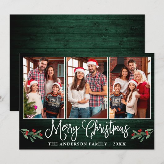 Fun Calligraphy kerst Holly Green Wood Foto Feestdagenkaart (Voorkant / Achterkant)