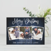 Fun Calligraphy Kerstblauw Hood 3 Foto Feestdagenkaart (Staand voorkant)