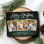 Fun Calligraphy KerstGreen Wood 3 Foto's Briefkaart<br><div class="desc">Modern Fun Calligraphy Script Merry Kerstmis 3 Photo Holiday Briefkaart - Rustisch Land Green Wood</div>