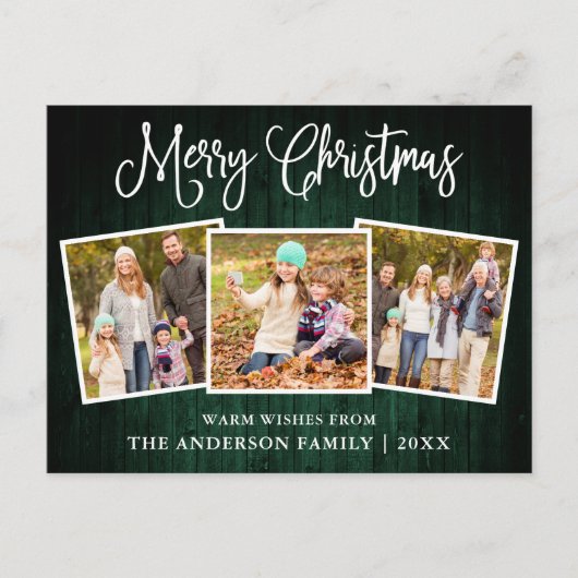 Fun Calligraphy KerstGreen Wood 3 Foto's Briefkaart (Voorkant)