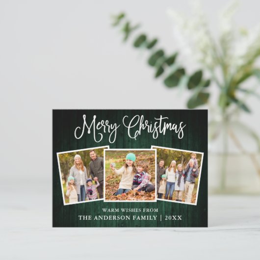 Fun Calligraphy KerstGreen Wood 3 Foto's Briefkaart (Staand voorkant)