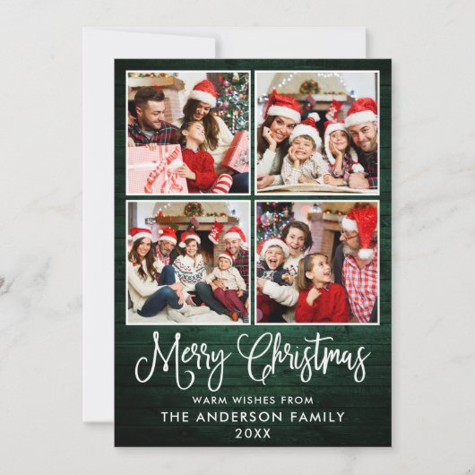 Fun Calligraphy KerstGreen Wood 4 Foto's Feestdagenkaart (Voorkant)