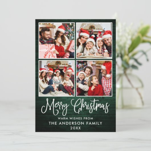 Fun Calligraphy KerstGreen Wood 4 Foto's Feestdagenkaart (Staand voorkant)