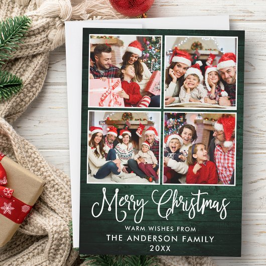 Fun Calligraphy KerstGreen Wood 4 Foto's Feestdagenkaart