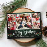 Fun Calligraphy KerstGreen Wood Holly 5 Foto Briefkaart<br><div class="desc">Modern Fun Calligraphy Script 5 Photo Family Collage Merry Kerstmis Briefkaart omvat Waterverf Kerstmis Holly Berries - Rustisch Land Green Wood</div>