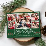 Fun Calligraphy KerstHolly 5 Foto Green Briefkaart<br><div class="desc">Modern Fun Calligraphy Script 5 Photo Family Collage Merry Kerstmis Briefkaart omvat Waterverf kerst Holly Berries - Forest Green</div>