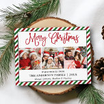 Fun Calligraphy Kerstmis Glitter Stripes 3 Foto Briefkaart<br><div class="desc">Modern Fun Calligraphy Script Merry Kerstmis 3 Photo Holiday Briefkaart - Green and Red Candy Cane Glitter Stripes - Red Script</div>