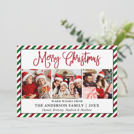 Fun Calligraphy Kerstmis Glitter Stripes 3 Foto Feestdagenkaart (Staand voorkant)