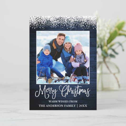 Fun Calligraphy Kerstmis Topped Blue Wood Feestdagenkaart (Staand voorkant)