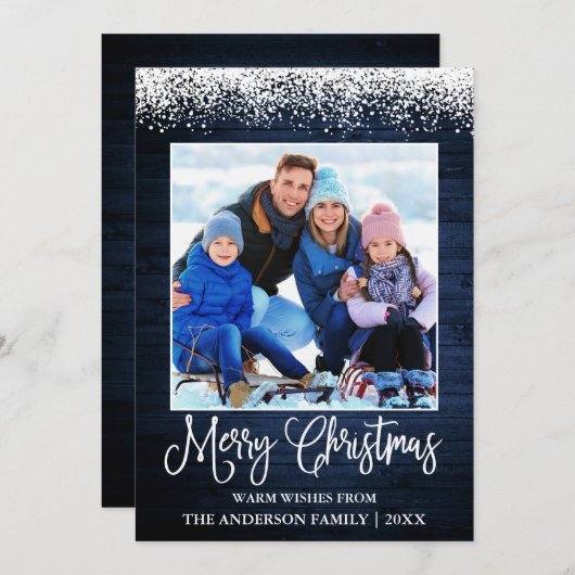 Fun Calligraphy Kerstmis Topped Blue Wood Feestdagenkaart (Voorkant / Achterkant)