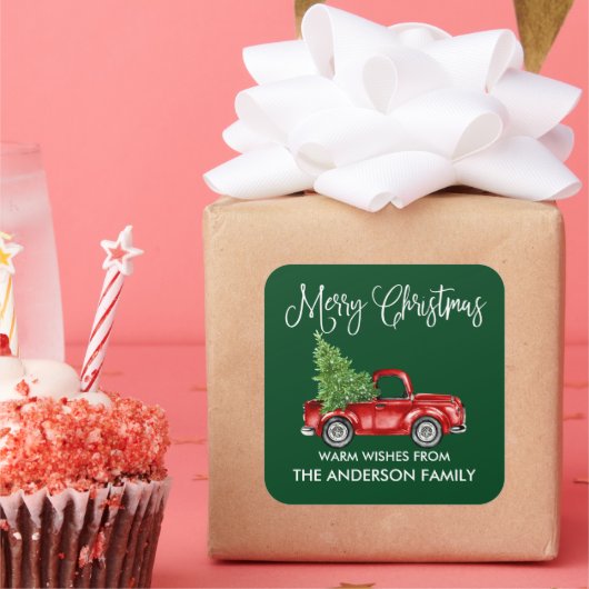 Fun Calligraphy Kerstmis  Truck Green Vierkante Sticker (Feest)