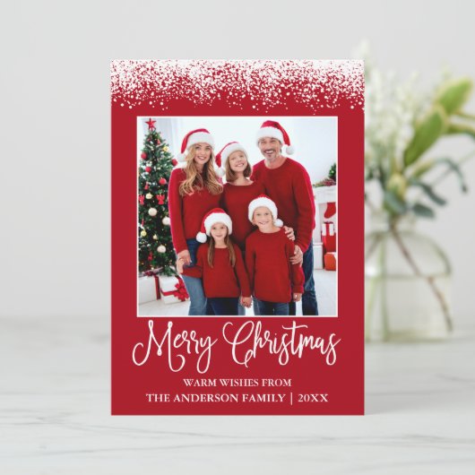 Fun Calligraphy kerstsneeuw Topped Foto Red Feestdagenkaart (Staand voorkant)
