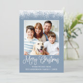 Fun Calligraphy kerstsneeuw Topped Photo Blue Feestdagenkaart (Staand voorkant)