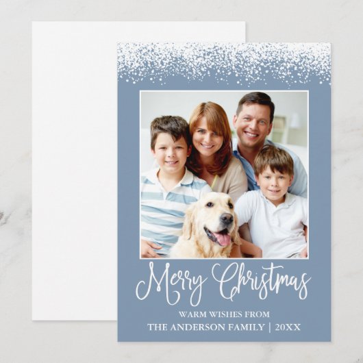Fun Calligraphy kerstsneeuw Topped Photo Blue Feestdagenkaart (Voorkant / Achterkant)