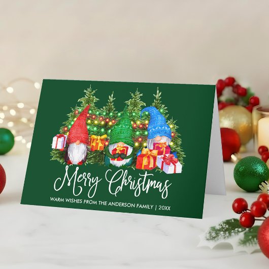 Fun Calligraphy Merry kerst Gnomes Green Fold Feestdagen Kaart