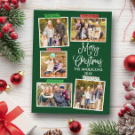 Fun Calligraphy Merry Kerstmis Tape Green Briefkaart<br><div class="desc">Modern Fun Calligraphy Script Merry Kerstmis 5 Photo Collage met Craft Tape Holiday Briefkaart. Forest Green Background</div>