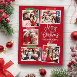 Fun Calligraphy Merry Kerstmis Tape Red Briefkaart<br><div class="desc">Modern Fun Calligraphy Script Merry Kerstmis 5 Photo Collage met Craft Tape Holiday Briefkaart. Rode achtergrond.</div>