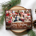 Fun Calligraphy Merry Kerstwood Holly 5 Foto Briefkaart<br><div class="desc">Modern Fun Calligraphy Script 5 Photo Family Collage Merry Kerstmis Briefkaart bevat Waterverf kerst Holly Berries - Rustisch landhout</div>