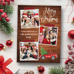 Fun Calligraphy Pset Craft Tape Wood Truck Briefkaart<br><div class="desc">Modern Fun Calligraphy Script Merry Kerstmis 3 Photo Collage met Red Buffalo Pset Craft Tape Holiday Briefkaart. Waterverf  Red Truck met kerstboom. Rustic Country Wood.</div>