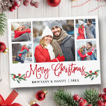 Fun Calligraphy Red Holly 5 Photo Couple Kerstmis Briefkaart<br><div class="desc">Modern Fun Calligraphy Script 5 Photo Couple Photo Collage Merry Kerstmis Briefkaart omvat Waterverf kerst Holly Berries - Rood script</div>