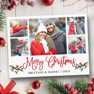 Fun Calligraphy Red Holly 5 Photo Couple Kerstmis Briefkaart