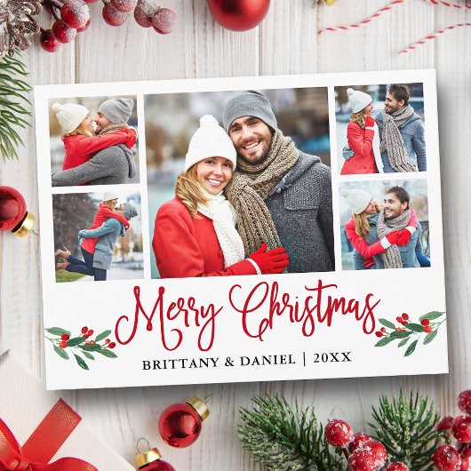 Fun Calligraphy Red Holly 5 Photo Couple Kerstmis Briefkaart