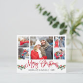 Fun Calligraphy Red Holly 5 Photo Couple Kerstmis Briefkaart (Staand voorkant)