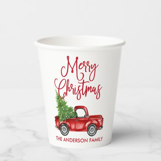Fun Calligraphy  Red Truck Kerstmis Papieren Bekers (Voorkant)
