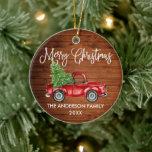 Fun Calligraphy  Red Truck Wood Kerstmis Keramisch Ornament<br><div class="desc">Modern Fun Calligraphy Script Waterverf  Red Truck met kerstboom - Merry Kerstannament - Rustige country wood Print</div>