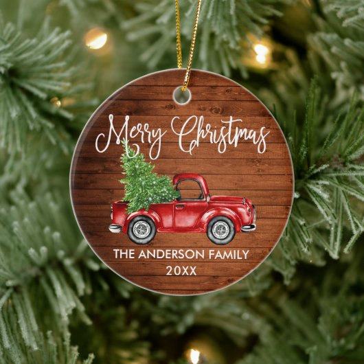Fun Calligraphy  Red Truck Wood Kerstmis Keramisch Ornament (Boom)