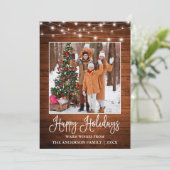 Fun Calligraphy Rustic Wood Lights Foto Feestdagenkaart (Staand voorkant)