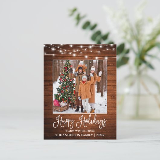 Fun Calligraphy Rustic Wood Lights Photo Holiday Briefkaart (Staand voorkant)