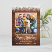 Fun Calligraphy Rustic Wood Snow Topped Photo Feestdagenkaart (Staand voorkant)