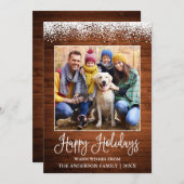 Fun Calligraphy Rustic Wood Snow Topped Photo Feestdagenkaart (Voorkant / Achterkant)