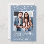 Fun Calligraphy String Lights Foto Blue Hanukkah Feestdagenkaart (Voorkant)