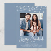 Fun Calligraphy String Lights Foto Blue Hanukkah Feestdagenkaart (Voorkant / Achterkant)