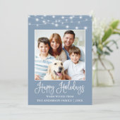 Fun Calligraphy String Lights Photo Blue Feestdagenkaart (Staand voorkant)