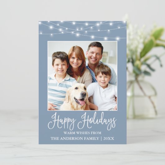 Fun Calligraphy String Lights Photo Blue Feestdagenkaart (Staand voorkant)