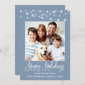 Fun Calligraphy String Lights Photo Blue Feestdagenkaart (Voorkant / Achterkant)