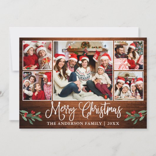 Fun Calligraphy Wood Holly 5 Foto met Kerstmis Feestdagenkaart (Voorkant)