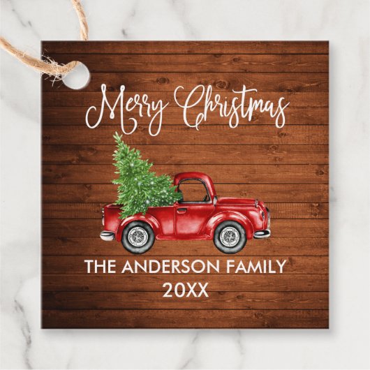 Fun Calligraphy Wood Kerstmis Red Truck Gift Bedankjes Labels (Voorkant)