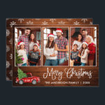 Fun Calligraphy Wood Kerstrood 3 Foto Feestdagenkaart<br><div class="desc">Modern Fun Calligraphy Script 3 Fotoserie Collage Merry kerstkaart - Waterverf  rood vrachtwagen met kerstboom - Rustisch landhout met sneeuwvlokken terug</div>