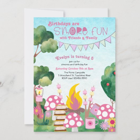 Fun Campfire and Toadstool Girls Birthday Kaart (Voorkant)