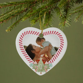 Fun Candy Cane Heart Photo Lijst Monogram Keepslag Keramisch Ornament
