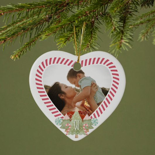 Fun Candy Cane Heart Photo Lijst Monogram Keepslag Keramisch Ornament